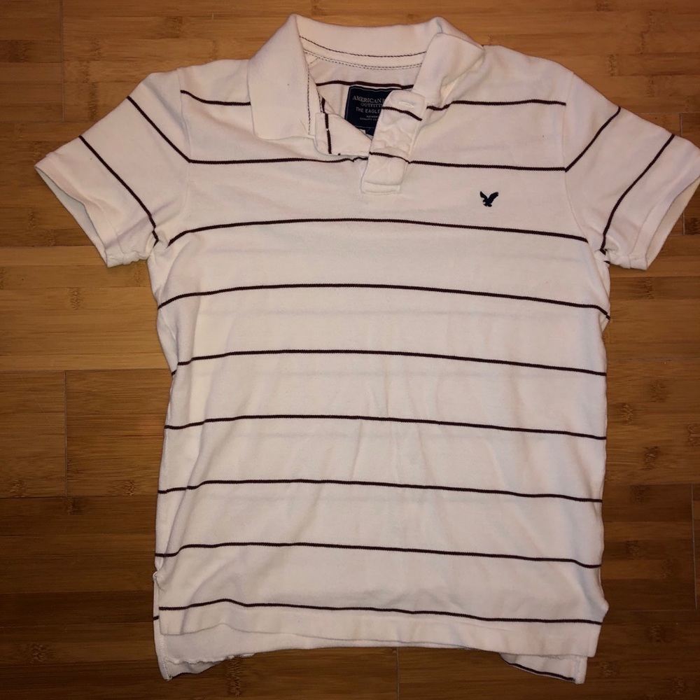 American Eagle White Polo w Maroon stripe. XS